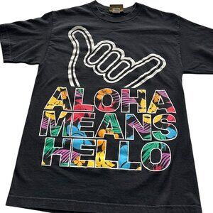 Vintage Aloha Means Hello Black T-Shirt Colorful Graphics Shaka Fitted Medium